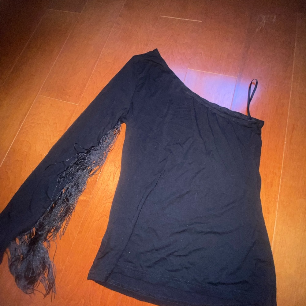 Black One-Shoulder Top with Fringe Detail